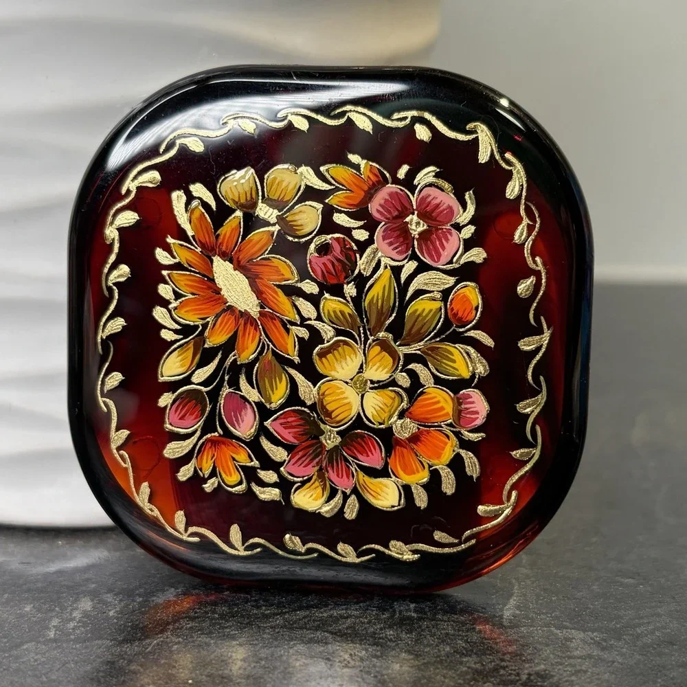 Vintage Hand-Painted Vibrant Good Floral Lacquered Double Compact Mirror 2.75